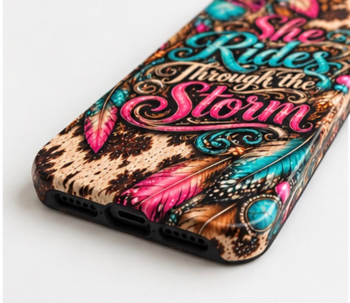 She Rides Through The Storm Western Cow Print Phone Case