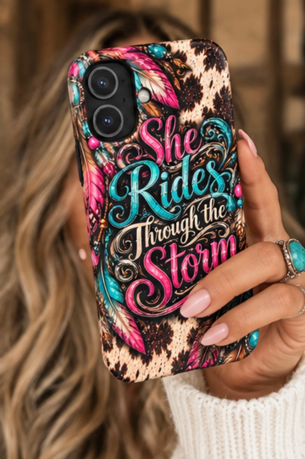 She Rides Through The Storm Western Cow Print Phone Case