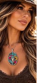 Turquoise Wildflower Western Skull Oval Necklace