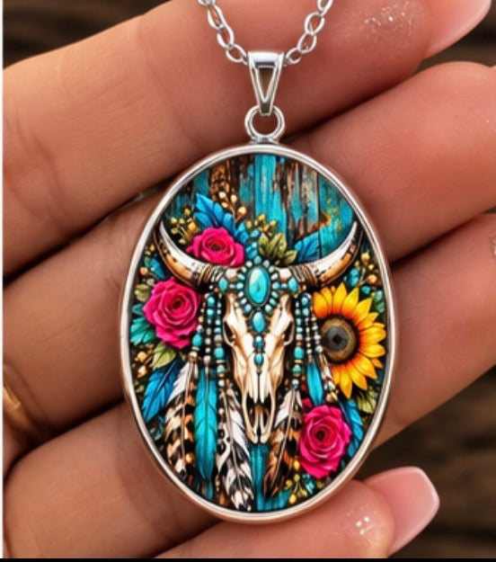 Turquoise Wildflower Western Skull Oval Necklace
