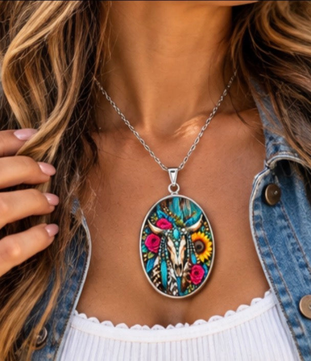 Turquoise Wildflower Western Skull Oval Necklace