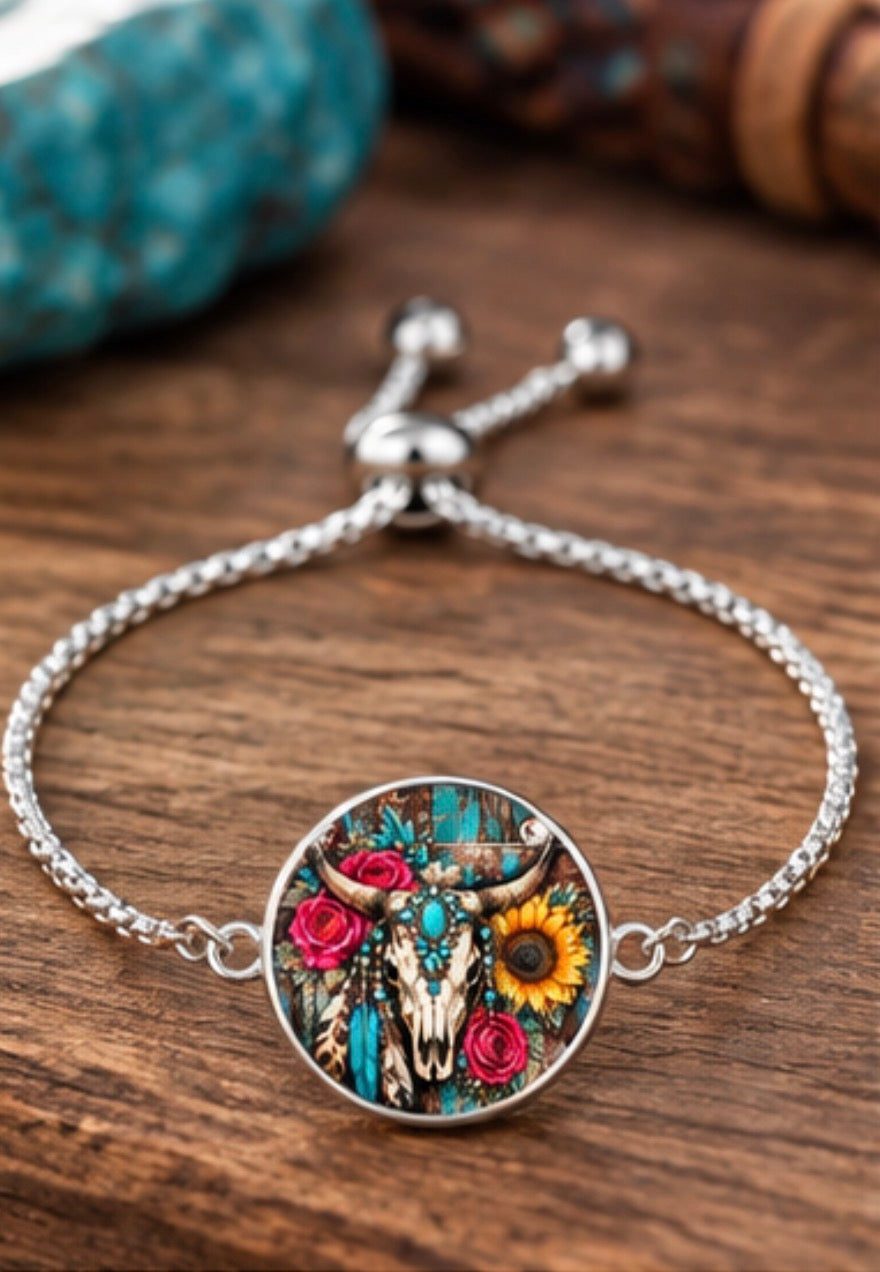 Turquoise Wildflower Western Skull Charm Braclet