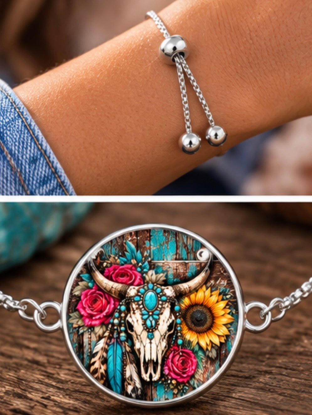 Turquoise Wildflower Western Skull Charm Braclet