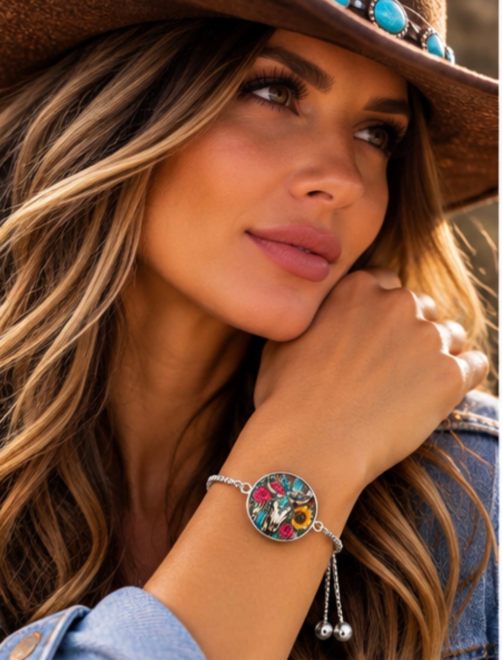 Turquoise Wildflower Western Skull Charm Braclet