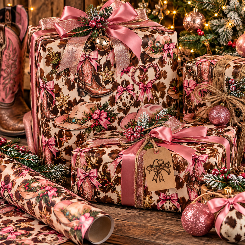Cowgirl Christmas Wrapping Paper/Pink Western Cow Print Holiday Gift Wrap