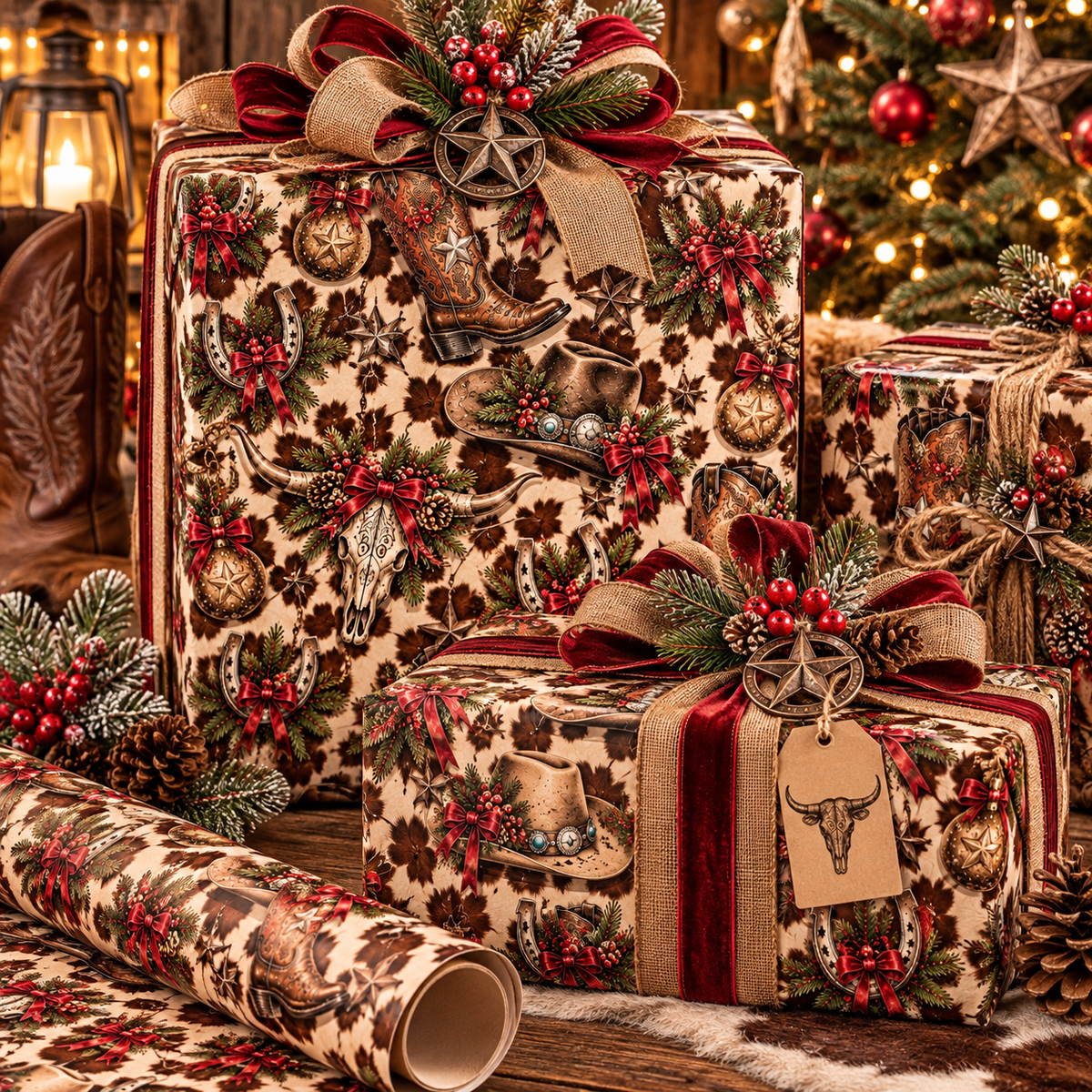 Wester Cowboy Christmas Wrapping Paper/ Brown Cow Print Holiday Gift Wrap