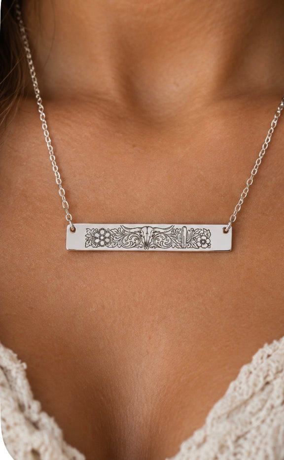 Western Longhorn Floral  Bar Necklace/Engraved Cowgirl Jewelry (Engraving)