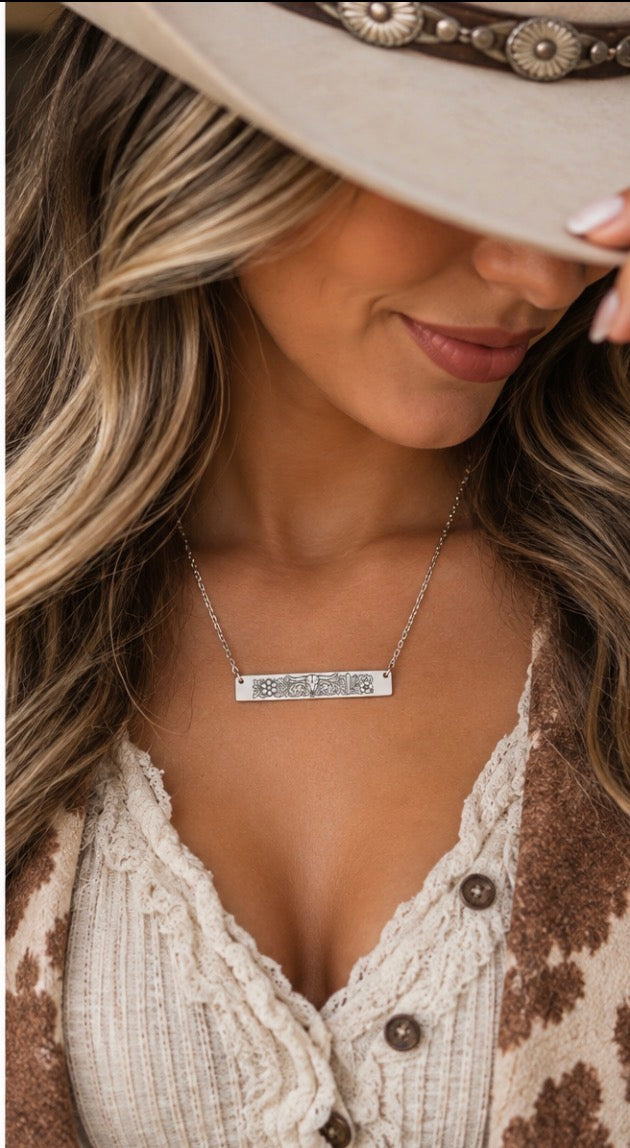 Western Longhorn Floral  Bar Necklace/Engraved Cowgirl Jewelry (Engraving)